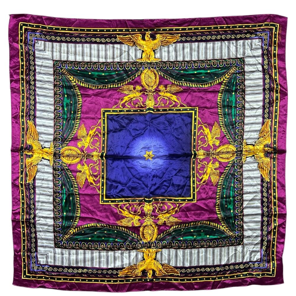 Vintage Ellen Tracy Silk Scarf Magenta Gold Eagle Design